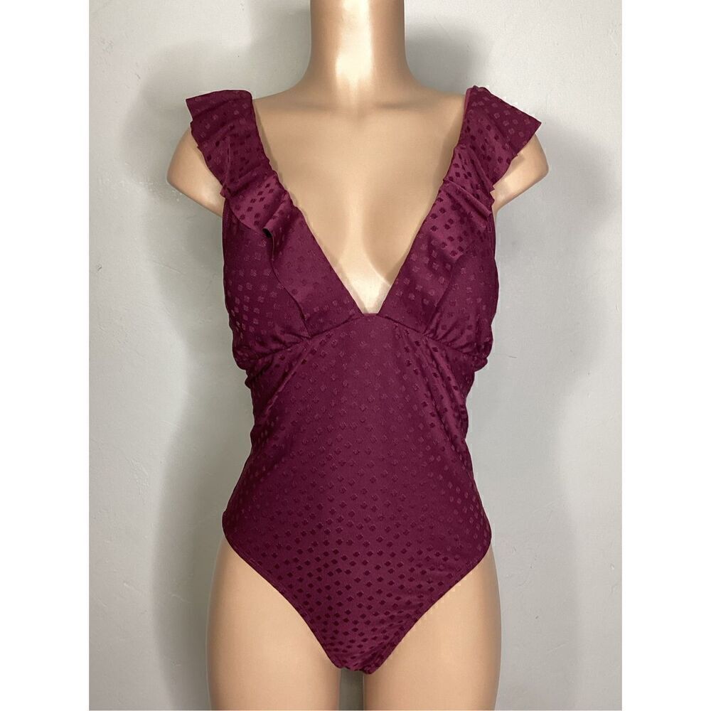 New. Robin Piccone plum ruffle one piece. Size 14. Retails $168 - Picture 5 of 13